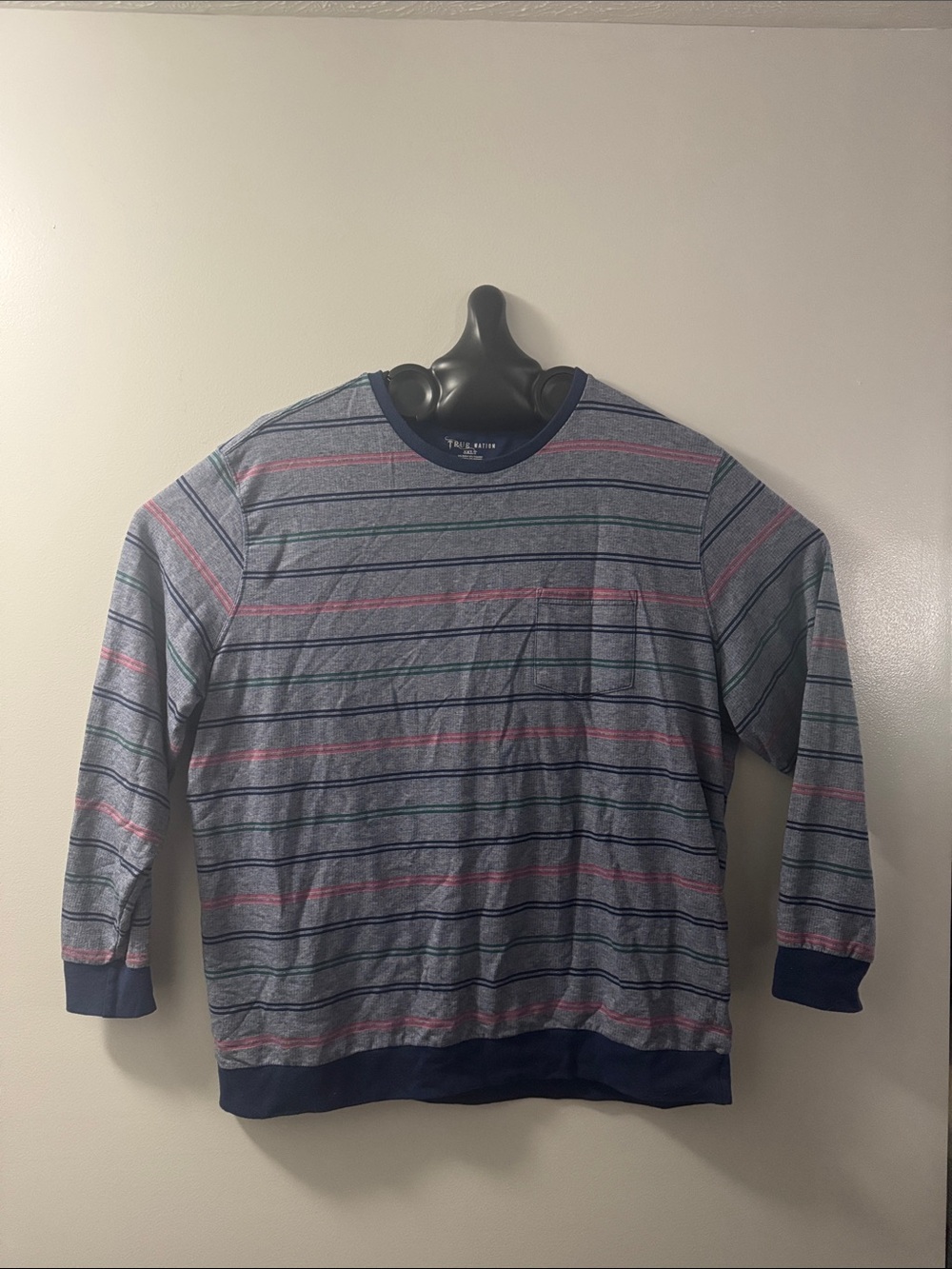 Men's Crewneck Striped Sweatshirt - Blue/Grey with Pink & Navy Stripes